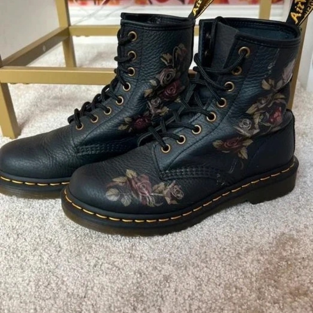 Floral Patterned Black Combat Boots